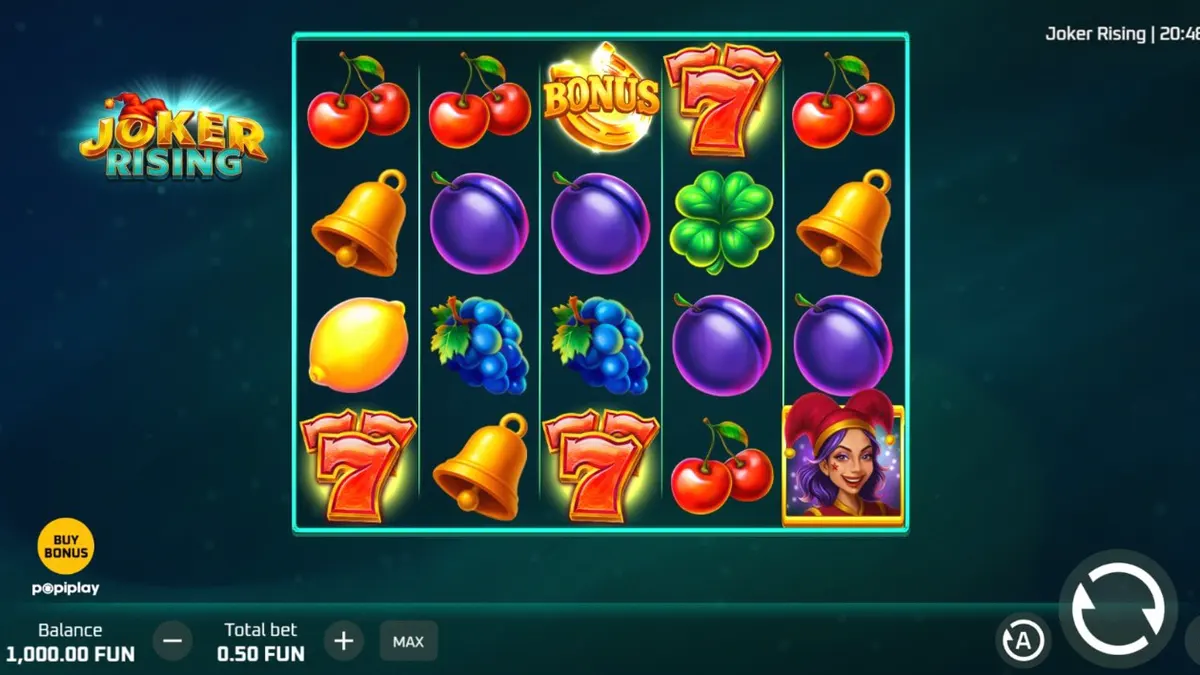 Tampilan visual slot Joker Rising dengan simbol buah neon dan karakter Joker