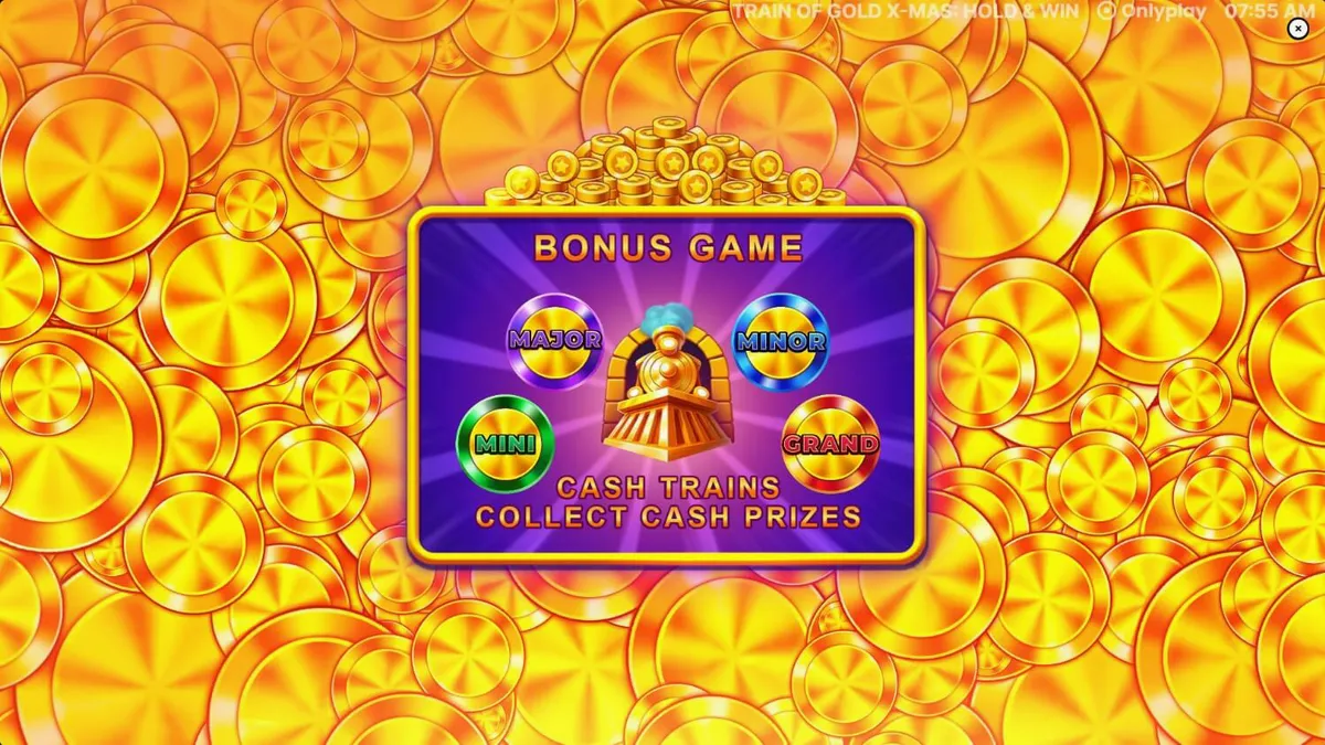 Tampilan visual slot Train of Gold X-Mas: Hold & Win dengan tema kereta emas dan suasana Natal.